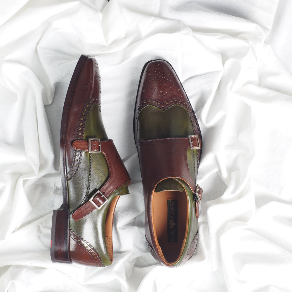 Greer Anderad Men's Leather Double Monk Strap Shoes Brown Green GA-02-39 - Greer & Anderad